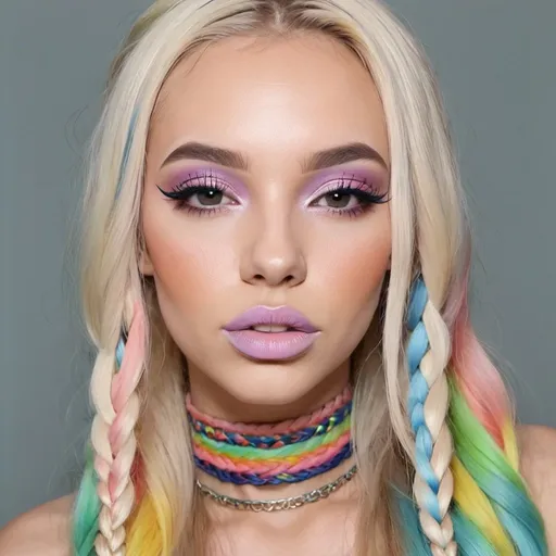 Prompt: Graffiti makeup blonde pastel multicolored microbraided long hair full lips 