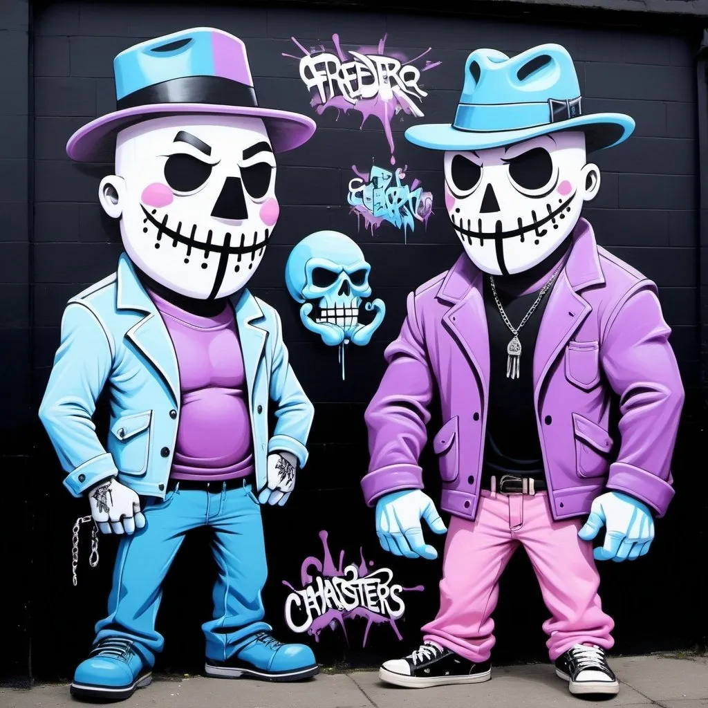 Prompt: Charachters Pastel purple white and pastel blue pastel blue graffiti charachters on a black wall backround freddy crugar and jason muscular gangsters pastel colored  graffiti art by sedusa adornment