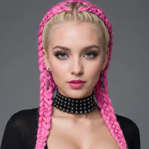 Prompt: Cyber punk blonde female with hot pink and black beaded microbraided hair revealing large cleavage and wearing hot pink black and white 