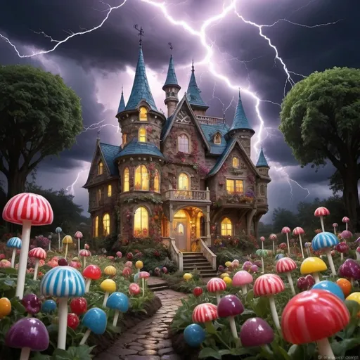 Prompt: A majical gothic crytalique finness of dreams and nightmares in a majestic candy land of love and hate storm for lightning jellybean garden