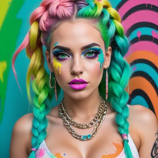 Prompt: Pastel graffiti gangster character green eyes revealing extra large cleavage with rainbow pastel microbraided hair and full lips designer bold unique loud makeup artists bold adornment creative stylish neon graffiti splatter makeup 