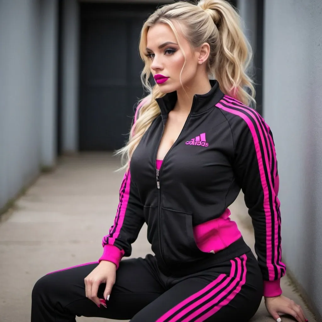 Prompt: Long blonde hair in a updo messy bun wearing adidas track suit black and hot pink matching shoes revealing extra large cleavage and full lips 