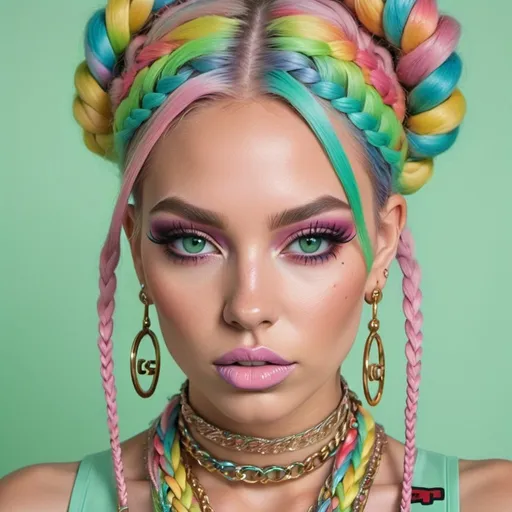 Prompt: Pastel graffiti gangster character green eyes revealing extra large cleavage with rainbow pastel microbraided hair and full lips designer bold unique loud makeup artists bold adornment creative stylish gucci