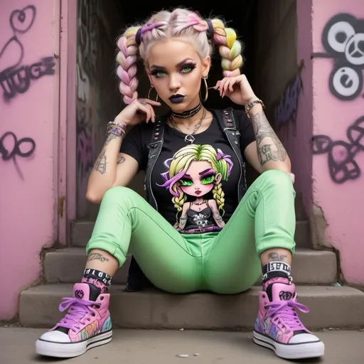 Prompt: Pastel A thug ghetto blonde cartoon characture multicolored pastel  microbraided hair female with green eyes revealing cleavage graffiti outfit and shoes gothic punk steam punk pastel pink purple print
