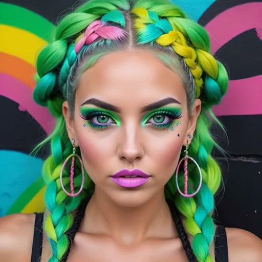 Prompt: Pastel graffiti gangster character green eyes revealing extra large cleavage with rainbow pastel microbraided hair and full lips designer bold unique loud makeup artists bold adornment creative stylish neon graffiti bomb makeup print