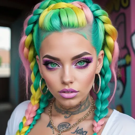 Prompt: Pastel graffiti gangster character green eyes revealing extra large cleavage with rainbow pastel microbraided hair and full lips designer unique loud makeup bold adorn