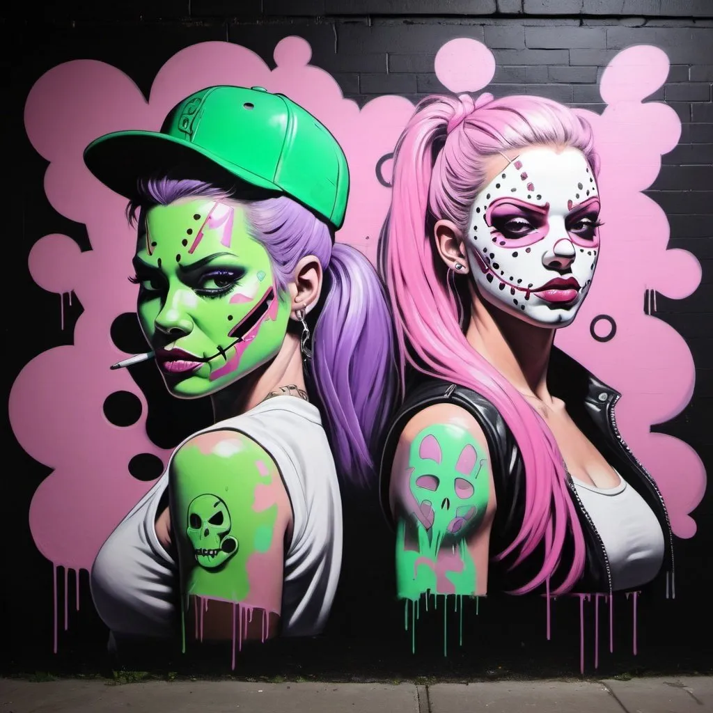 Prompt: Pastel purple white and pastel green pastel pink graffiti female art charachters on a black wall backround freddy crugar and jason muscular gangsters pastel colored 