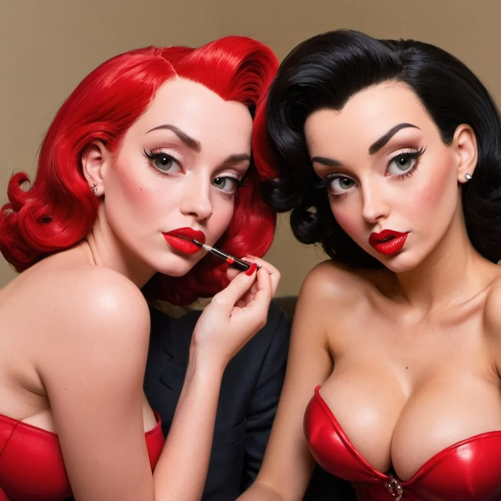 Prompt: Full lips round face Jessica rabbit and silicon lip injection exootic betty boop both sitting one on each of Elon musks laps