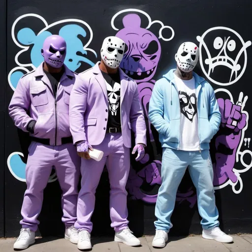 Prompt: Charachters Pastel purple white and pastel blue pastel blue graffiti charachters on a black wall backround freddy crugar and jason muscular gangsters pastel colored 