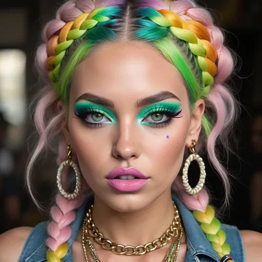 Prompt: Pastel graffiti gangster character green eyes revealing extra large cleavage with rainbow pastel microbraided hair and full lips designer bold unique loud makeup artists bold adornment creative stylish gucci