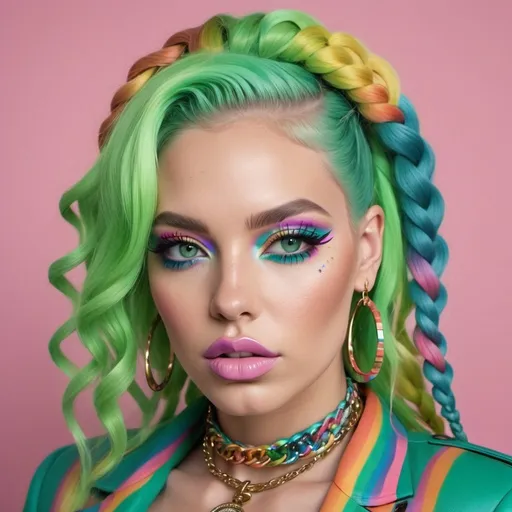 Prompt: Pastel graffiti gangster character green eyes revealing extra large cleavage with rainbow pastel microbraided hair and full lips designer bold unique loud makeup artists bold adornment creative stylish gucci