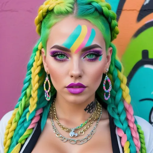 Prompt: Pastel graffiti gangster character green eyes revealing extra large cleavage with rainbow pastel microbraided hair and full lips designer bold unique loud makeup artists bold adornment creative stylish neon graffiti art makeup 