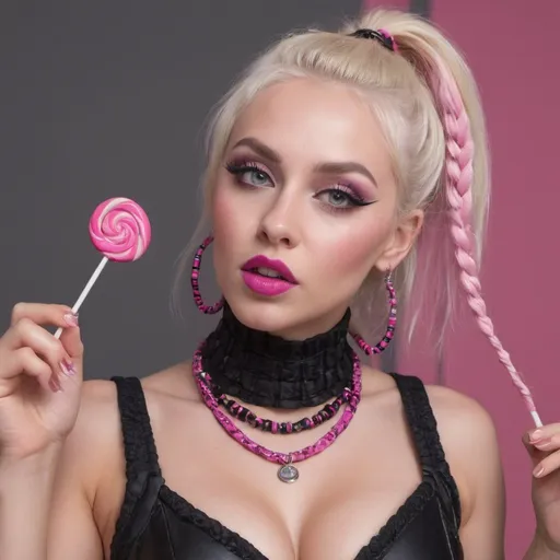 Prompt: Cyber punk blonde female with hot pink and black beaded microbraided hair revealing large cleavage and wearing hot pink black and white eating a lollipop