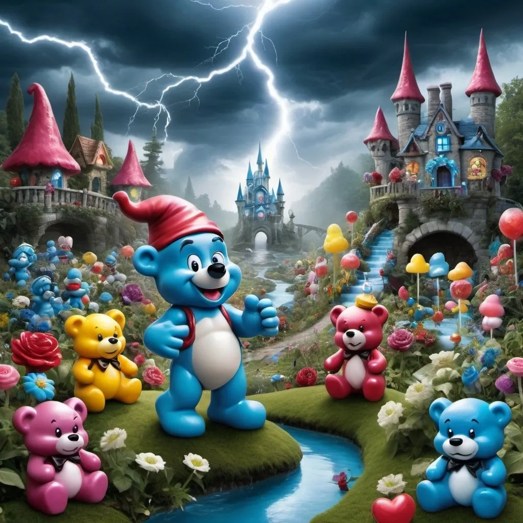Prompt: A majical gothic crytalique finness of dreams and nightmares in a majestic candy land of love and hate storm for lightning gummy bear smurf garden 