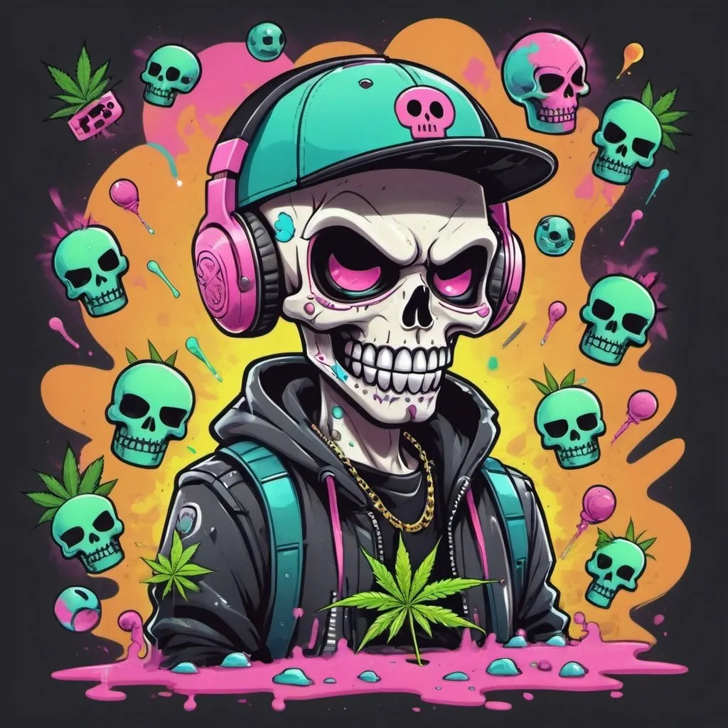 Prompt: Cartoon Graffitti character cyber punk gangster happy weed candy skull hip hop dj charachter spray bomb pastel