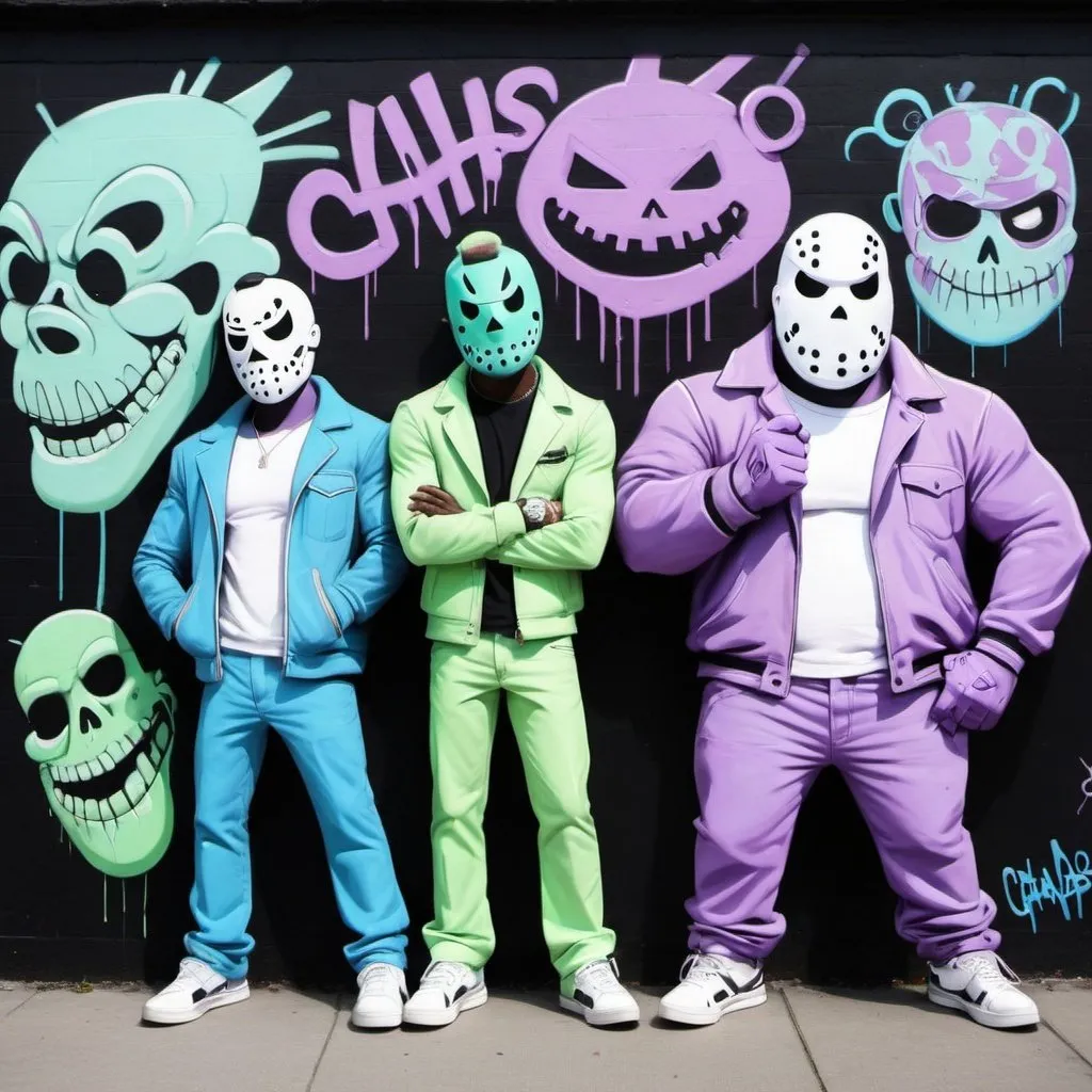 Prompt: Charachters Pastel purple white and pastel green pastel blue graffiti charachters on a black wall backround freddy crugar and jason muscular gangsters pastel colored 