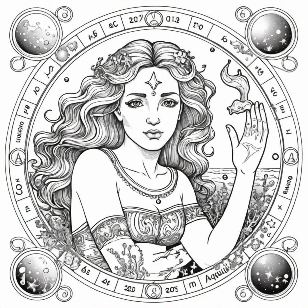 Prompt: Coloring page horoscope aquarius