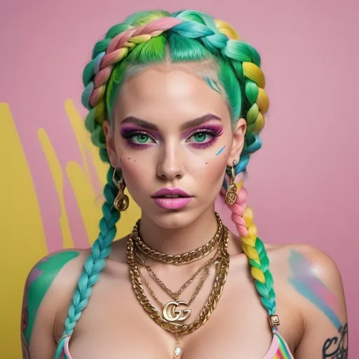 Prompt: Pastel graffiti gangster character green eyes revealing extra large cleavage with rainbow pastel microbraided hair and full lips designer bold unique loud makeup artists bold adornment creative stylish gucci