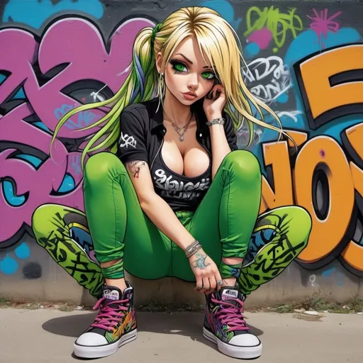 Prompt: Emo cartoon charachture graffitti art blonde multicolored microbraided hair female with green eyes revealing extra large cleavage and tight multicolored graffiti outfit and shoes 