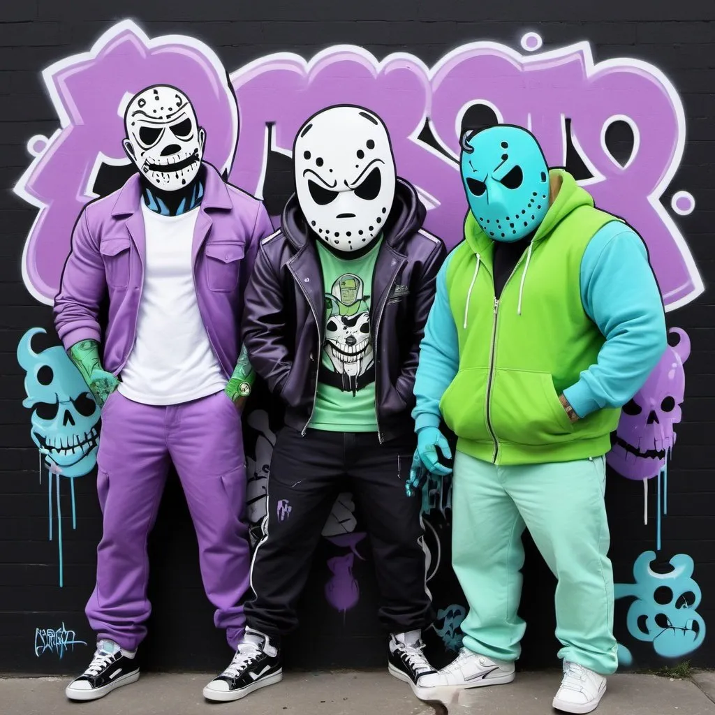 Prompt: Pastel purple white and pastel green pastel blue graffiti charachters on a black wall backround freddy crugar and jason muscular gangsters pastel colored 