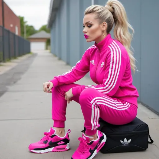Prompt: Long blonde hair in a updo messy bun wearing adidas track suit clack and hot pink with air max 90s that match revealing extra large cleavage and full lips 