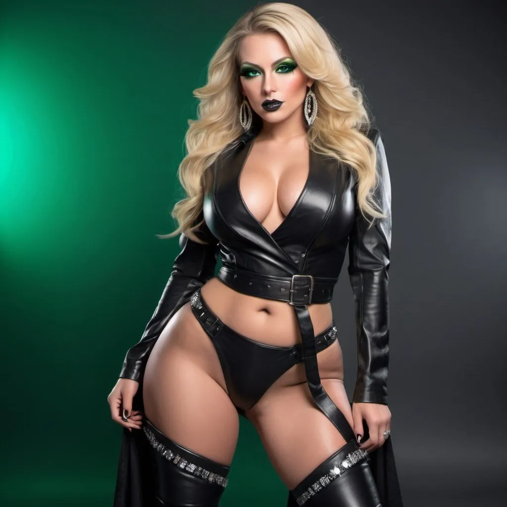 Prompt:  female long blonde
 custom original hair  wearing 2 piece black leather outfit leather wrapped around the legs thighs and ankles revealing extra large cleavage with crystal green  eyes designer exotic makeup and matching highheels 