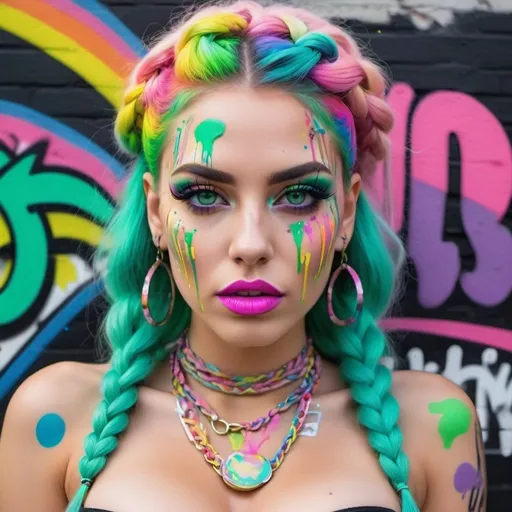 Prompt: Pastel graffiti gangster character green eyes revealing extra large cleavage with rainbow pastel microbraided hair and full lips designer bold unique loud makeup artists bold adornment creative stylish neon graffiti splatter makeup 