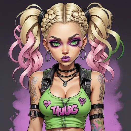 Prompt: Pastel A thug ghetto blonde cartoon characture multicolored pastel  microbraided hair female with green eyes revealing cleavage graffiti outfit and shoes gothic punk steam punk pastel pink purple print
