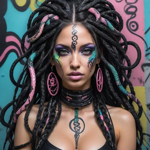 Prompt: Art portrait Color black and multi pastel  print page Graffiti art face microbraided snake long medusa hair charachter revealing cleavage graffiti art face make up print sedusa adornment techno cyberpunk 