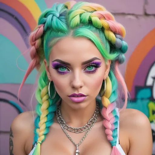 Prompt: Pastel graffiti gangster character green eyes revealing extra large cleavage with rainbow pastel microbraided hair and full lips designer bold unique loud makeup artists bold adorn