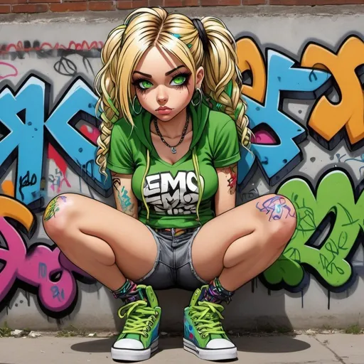 Prompt: Emo cartoon charachture graffitti art blonde multicolored microbraided hair female with green eyes revealing extra large cleavage and tight multicolored graffiti outfit and shoes 