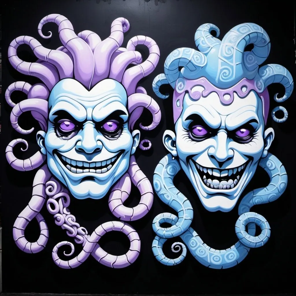 Prompt: Charachters Pastel purple white and pastel blue pastel blue graffiti medusa charachters on a black wall backround freddy crugar and jason muscular gangsters pastel colored  graffiti art by sedusa adornment