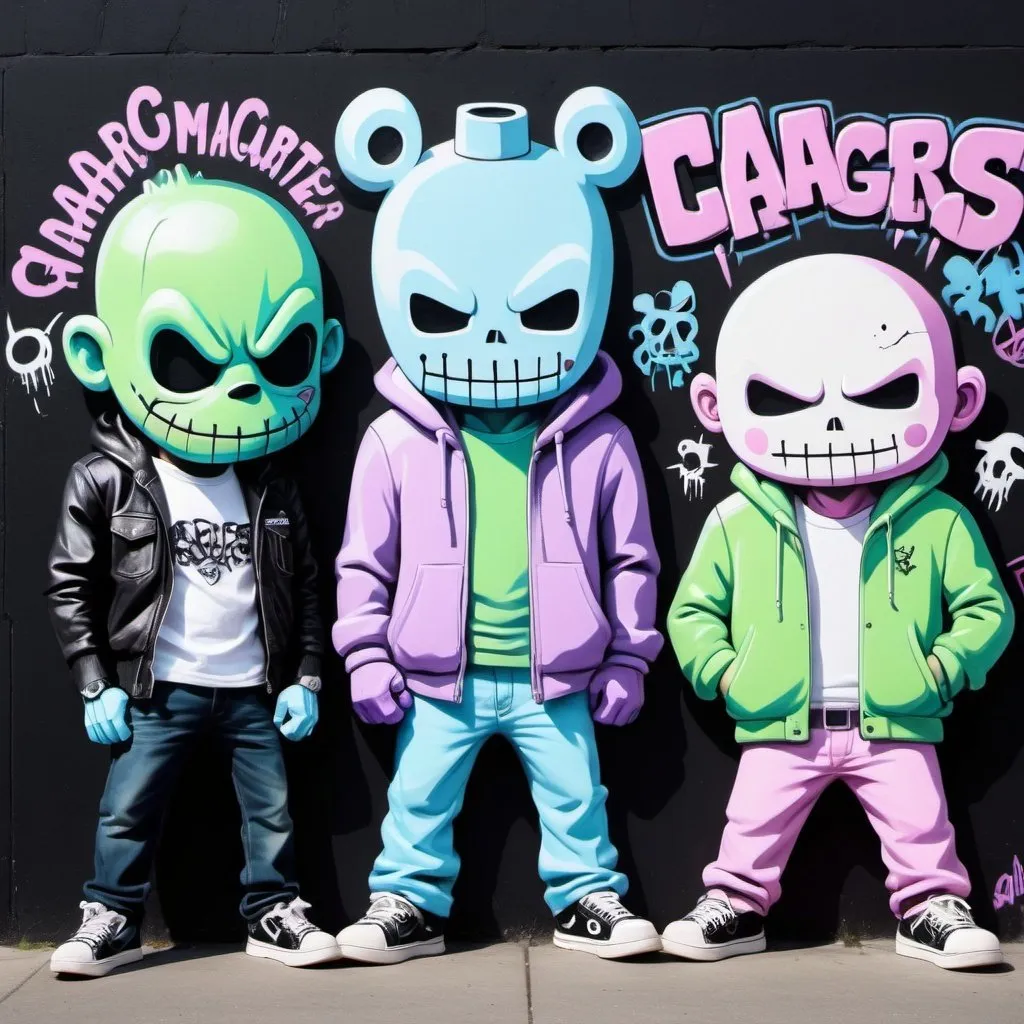 Prompt: Pastel purple white and pastel green pastel blue graffiti charachters on a black wall backround freddy crugar and jason muscular gangsters pastel colored 