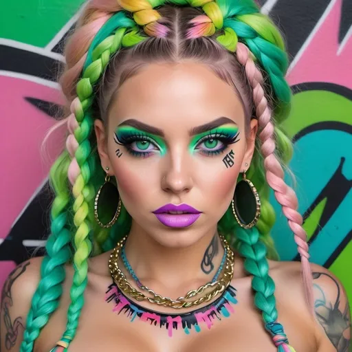 Prompt: Pastel graffiti gangster character green eyes revealing extra large cleavage with rainbow pastel microbraided hair and full lips designer bold unique loud makeup artists bold adornment creative stylish neon graffiti bomb makeup print