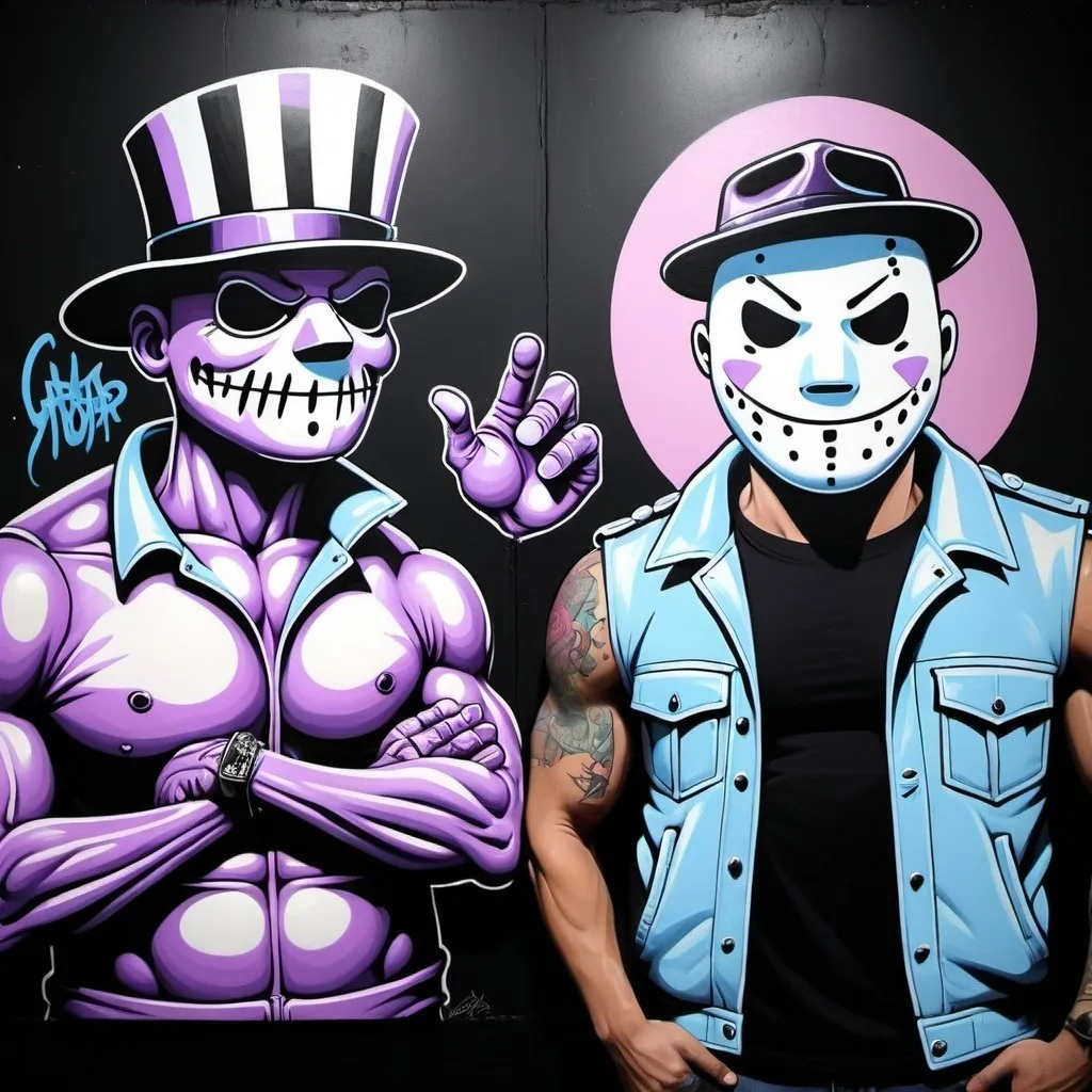 Prompt: Charachters Pastel purple white and pastel blue pastel blue graffiti charachters on a black wall backround freddy crugar and jason muscular gangsters pastel colored  graffiti art by sedusa adornment