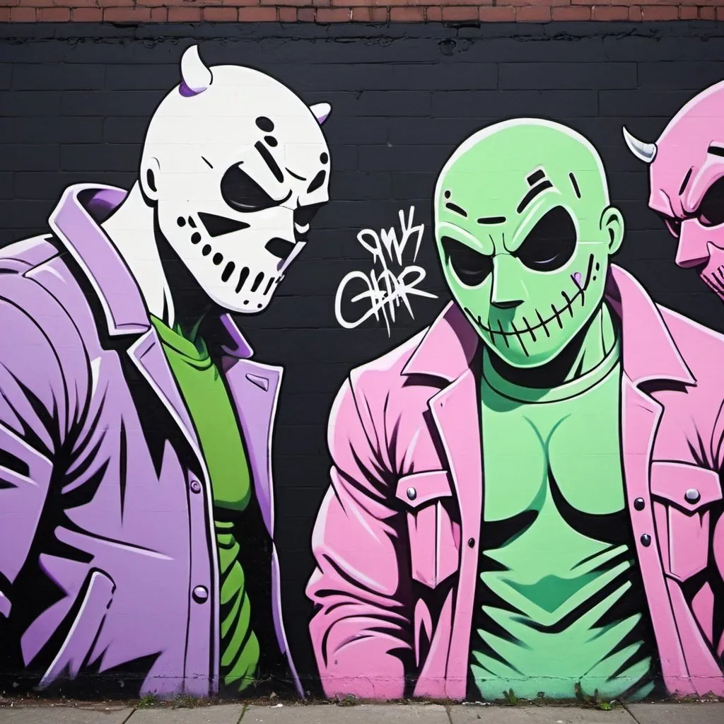 Prompt: Pastel purple white and pastel green pastel pink graffiti charachters on a black wall backround freddy crugar and jason muscular gangsters pastel colored 