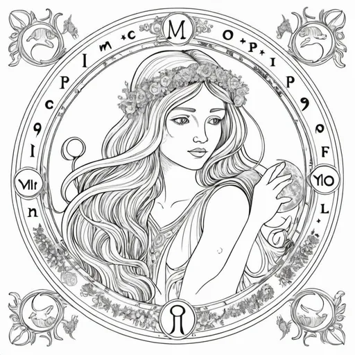 Prompt: Coloring page horoscope virgo