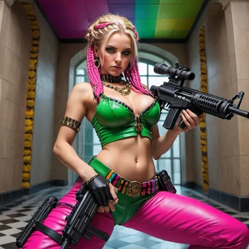 Prompt: Blonde female green eyes revealing extra larger cleavage rainbow microbraided hair hotpink leather outfit black tribal statues vercace medusa design checkered tiled floor shooting an assault rifle gun bullets everywhere  and shells flying and landing