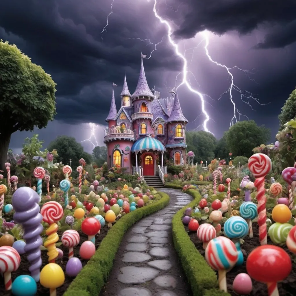 Prompt: A majical gothic crytalique finness of dreams and nightmares in a majestic candy land of love and hate storm for lightning jellybean garden