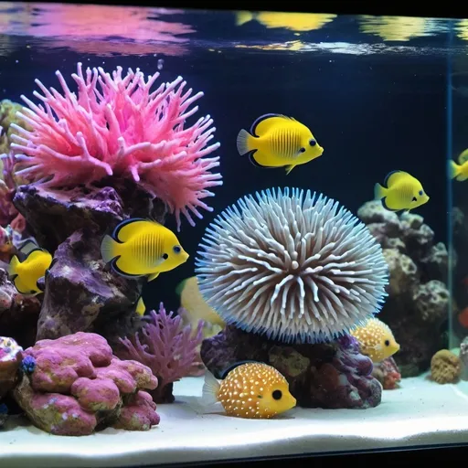 Prompt: A salt water  fish tank with colorful fish also puffer fish