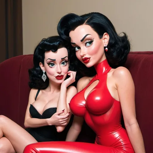 Prompt: Full lips round face Jessica rabbit and silicon lip injection exootic betty boop both sitting one on each of Elon musks lap