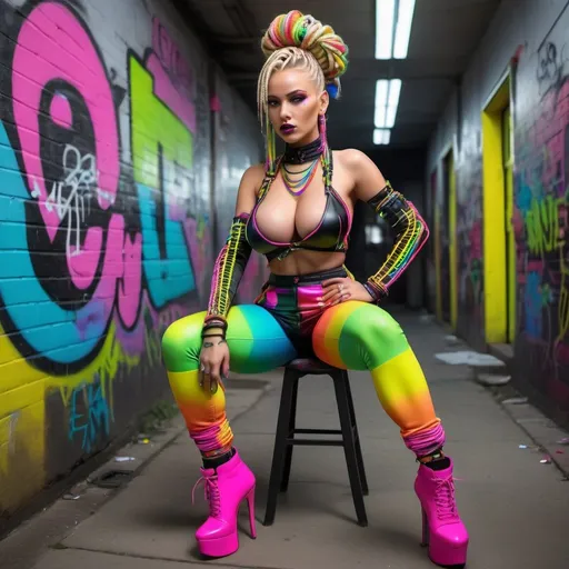 Prompt: Futuristic cyberpunk full body with green eyes blonde microbraided rainbow updo revelealing extra large cleavage wearing a matching 2 piece outfit matching with 2 graffiti high heels  with rainbow grafitti neon pink yellow black neon rainbow 