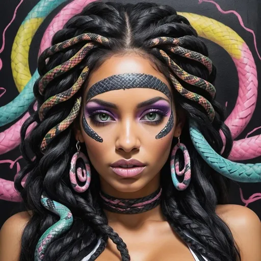 Prompt: Art portrait Color black and multi pastel  print page Graffiti art face microbraided snake long medusa hair charachter revealing cleavage graffiti art face make up Clothing print sedusa adornment