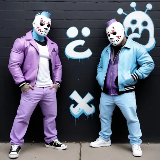 Prompt: Charachters Pastel purple white and pastel blue pastel blue graffiti charachters on a black wall backround freddy crugar and jason muscular gangsters pastel colored 