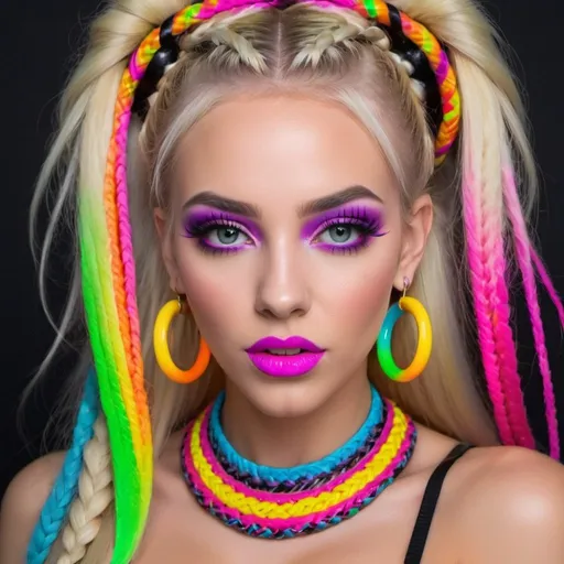 Prompt:  blonde candy girl with rainbow micro braided long hair revealing extra large cleavage full lips loud makeup neon splat wearing exotic playmate gothic entity exoric pet neon hoop earrings and big attitude