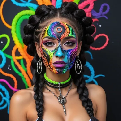 Prompt: Color black neon rainbow and multi neon medusa microbraided snake hair Graffiti art face microbraided snake long medusa hair charachter revealing cleavage graffiti art face make up print sedusa adornment