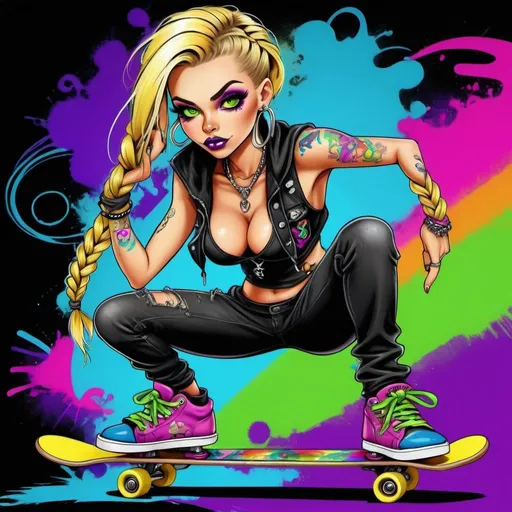 Prompt:  A gangster phsyco ghetto cartoon characture blonde exotic revealing  rainbow multicolored microbraided hair female with green eyes revealing extra large cleavage exotic adult  on skateboard spraypaint and neon yellow  purple pink green ed blue purple multicolored graffiti outfit and shoes gothic punk steam punk emo exotic classy gangster stylish original graffiti tech touch graffitti black backround exotic adult
