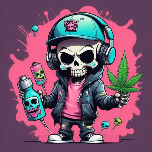 Prompt: Cartoon Graffitti character cyber punk gangster happy weed candy skull hip hop dj charachter spray bomb pastel