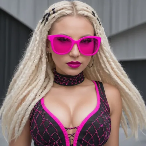 Prompt: Cyber punk blonde female with hot pink and black beaded microbraided hair revealing extra large cleavage and wearing hot pink black and white vercace outfit and matching high heels and sunglasses