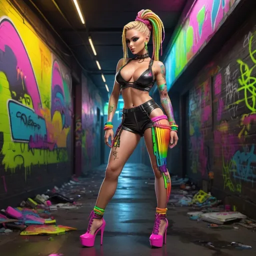 Prompt: animated cyberpunk characture full body with green eyes blonde microbraided rainbow updo revelealing extra large cleavage wearing a matching 2 piece outfit matching with 2 graffiti high heels  with rainbow grafitti neon pink yellow black neon rainbow 